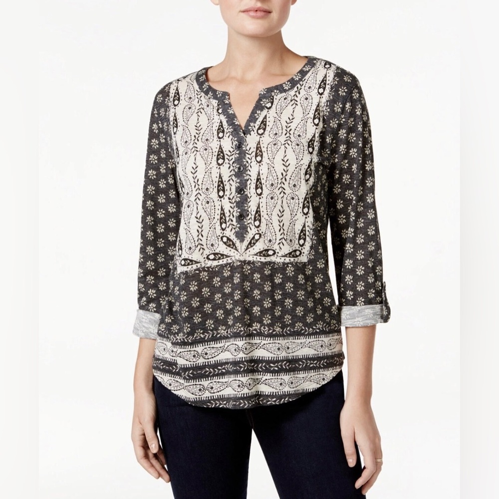 Style & Co Peasant Top Women Plus 3X Black Ivory Modal Cotton Roll Tab Sleeves